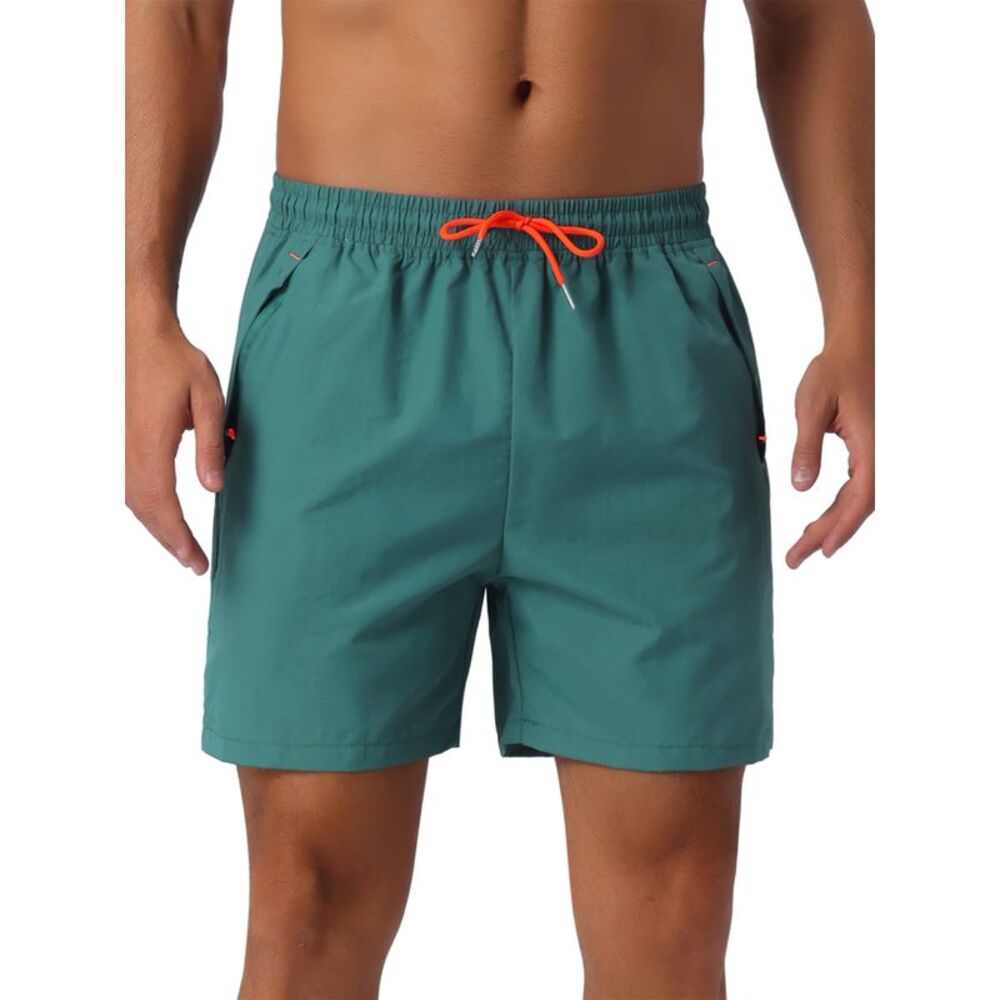Summer Elastic Waist Drawstring Mesh Lining Swimming Beach Shorts Green